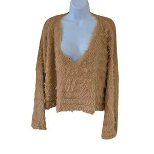Fuzzy Tan V-Neck Sweater soft warm cottagecore boho coquette cropped oversized M